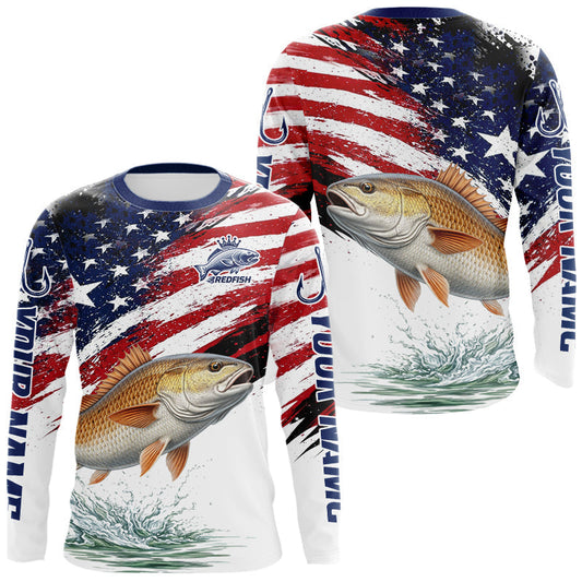 Maxcorners Personalized Patriotic Redfish Fishing Shirts Long Sleeve, American Flag Fishing Jerseys For Men LM1904