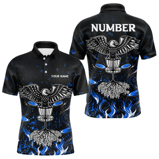 Maxcorners Personalized Mens Disc Golf Polo Shirt With Eagle Design, Customizable Name, Unisex Sports Jersey For Men | Blue LM1904