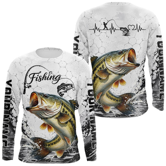 Maxcorners Custom Name Bass Fishing Long Sleeve Performance Shirt, Bass Gift For Men LM2306