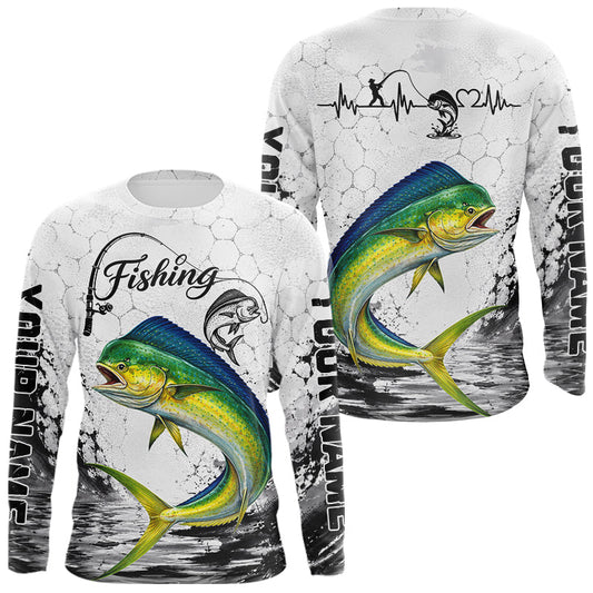 Maxcorners Custom Name Mahi Mahi Fishing Long Sleeve Performance Shirt, Dolphin Gift For Men LM2306