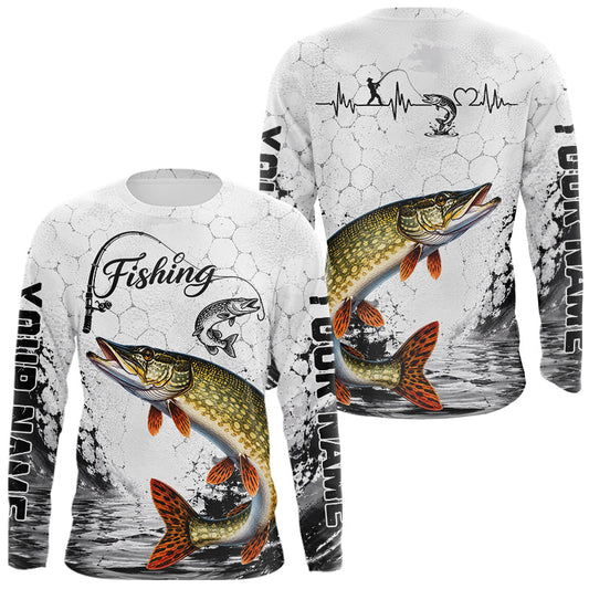 Maxcorners Custom Name Northern Pike Fishing Long Sleeve Performance Shirt, Pike Gift For Men LM2306