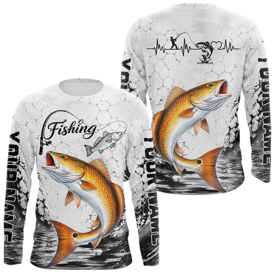 Maxcorners Custom Name Redfish Fishing Long Sleeve Performance Shirt, Red Drum Gift For Men LM2306