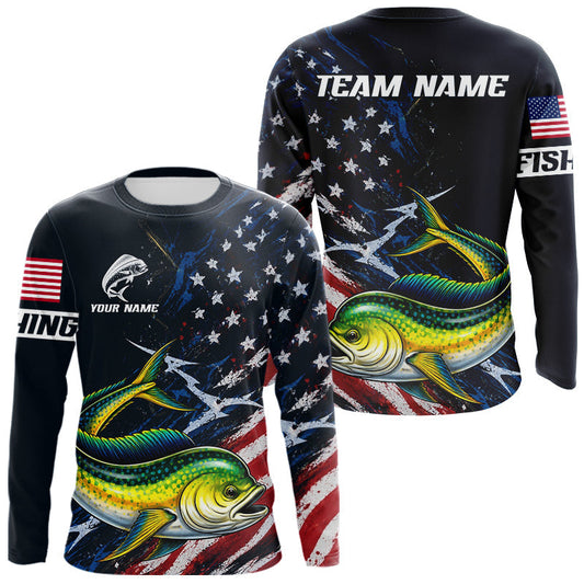 Maxcorners Mahi Mahi Fishing Shirts Long Sleeve American USA Flag Camo Custom Name, Fishing Jersey For Men LM2405