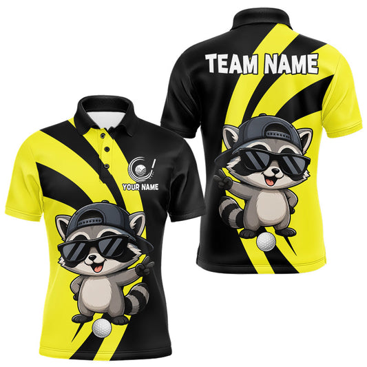 Maxcorners Funny Raccoon Golfer Polo, Custom Name Team Men Golf Shirt, Golf Top