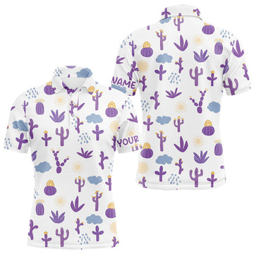 Maxcorners Custom Purple Cactus Mens Golf Polo Shirt - Personalized Desert Pattern Performance Golf Jersey LM2405