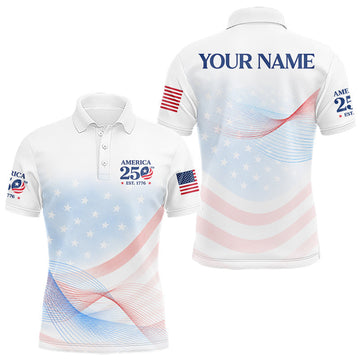 Maxcorners Personalized America 250 Years Shirt Custom Name Patriotic USA Stars Men's Polo Golf Shirt LM2405