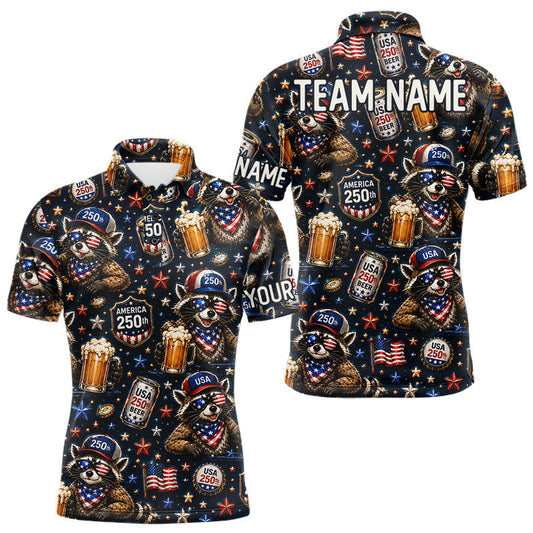 Maxcorners Personalized Patriotic Raccoon Shirt Custom Name USA 250 Years Polo Funny Beer & Golf Lover Gift LM2405