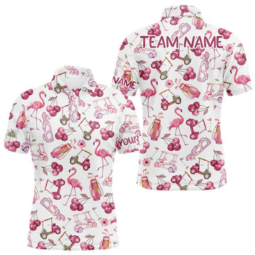 Maxcorners Funny Golf Polo Shirt For Mens Cherry Flamingo Golf Cart Pattern
