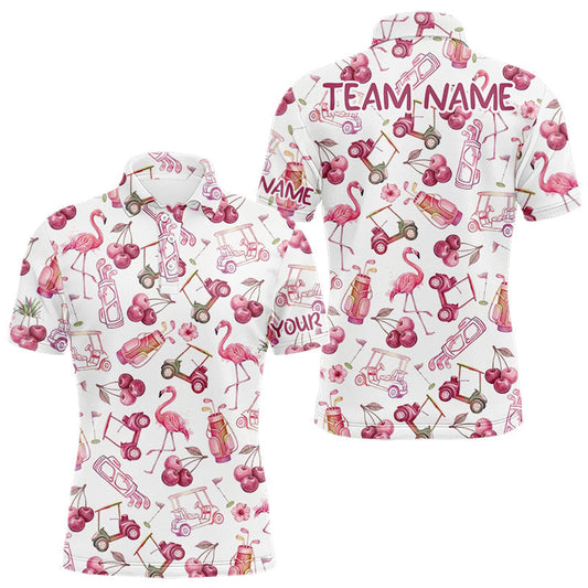 Maxcorners Funny Golf Polo Shirt For Mens Cherry Flamingo Golf Cart Pattern