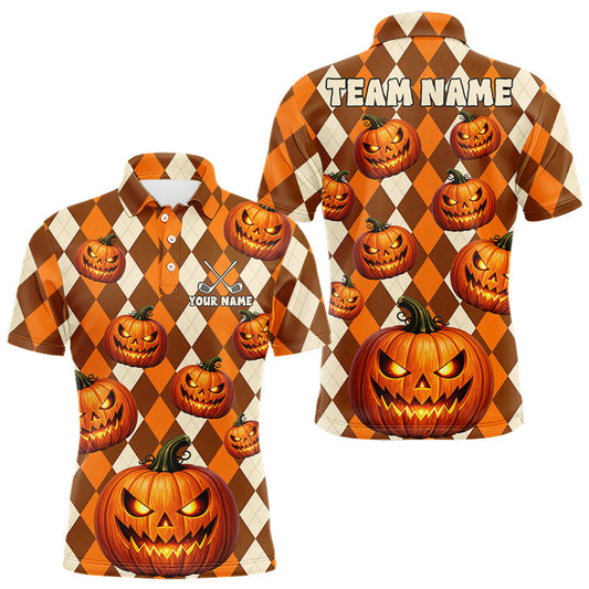 Maxcorners Personalized Halloween Pumpkin Argyle Golf Polo Shirt for Men, Custom Team Name Shirt