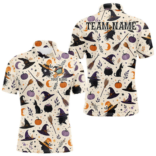 Maxcorners Vintage Witch Halloween Seamless Pattern Golf Polo Shirt for Men, Spooky Cauldron Cat and Pumpkin Design