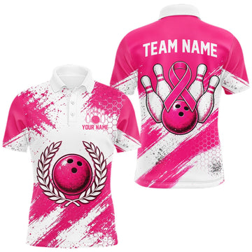 Maxcorners Custom Men Bowling Polo Shirt, Pink Breast Cancer Awareness Bowling Shirt, Personalized Team Jersey LM2709
