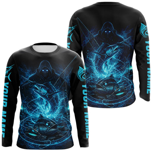 Maxcorners Personalized Marlin Fishing Shirt Long Sleeve For Men, Marlin Action Angler Shirt LM0402