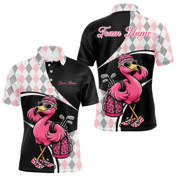 Maxcorners Funny Pink Flamingo Pattern Argyle Golf Polo Shirt For Men, Custom Flamingo Golf Shirt For Team