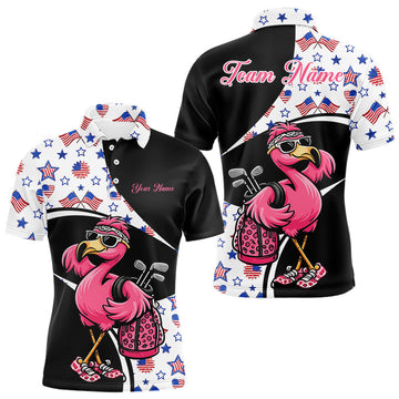 Maxcorners Funny Pink Flamingo Pattern American Flag Golf Polo Shirt For Men, Custom Flamingo Golf Shirt For Team