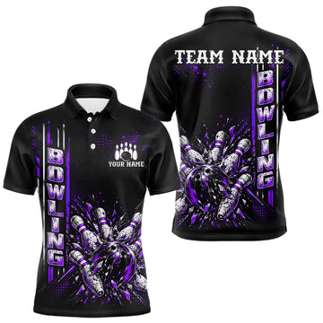 Maxcorners Purple Bowling Strike Ball Pins Polo Shirt For Men Custom Black Team Tournament Jersey LM0510