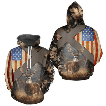 Maxcorners American Flag Deer Hunting Hoodie For Men – 3D Whitetail Buck Camo