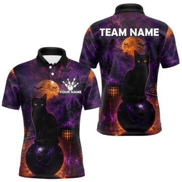 Maxcorners Black Cat Halloween Bowling Polo Shirt Custom Name Team Quarter Zip Jersey For Men