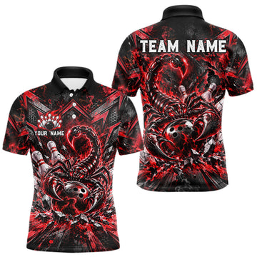 Maxcorners Red Scorpion Bowling Ball Pins Polo Shirt For Men Custom Neon Team Tournament Jersey
