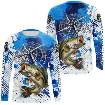 Maxcorners Blue Camo Custom Largemouth Bass Compass Long Sleeve Tournament Fishing Shirts LM1203