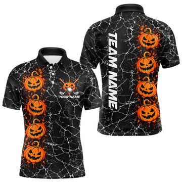 Maxcorners Black Pumpkin Men Golf Polo Shirt Custom Spooky Halloween Sports Club Match Jersey