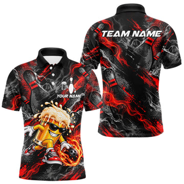 Maxcorners Red Fire Flame Beer Mug Bowling Polo Shirt For Men Custom Black Team Tournament Jersey