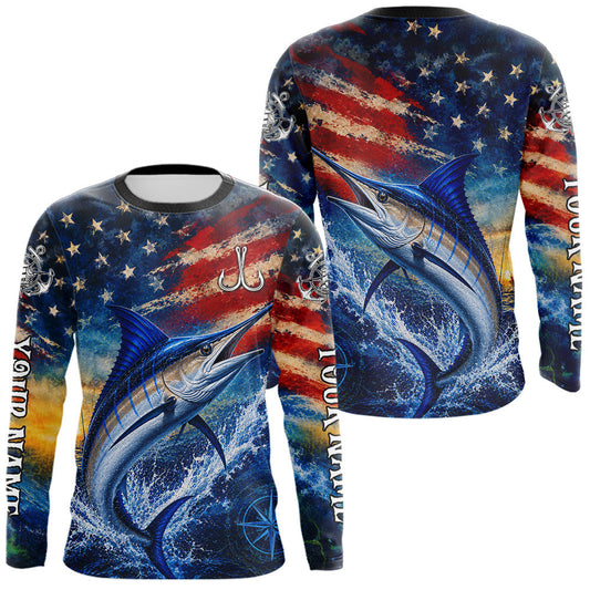 Maxcorners Marlin Fishing Shirt American Flag 3D All Over Print Long Sleeve Performance Apparel For Men LM1406