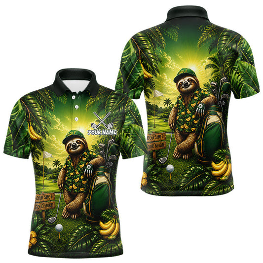 Maxcorners Custom Green Funny Sloth Tropical Mens Golf Polo Shirts, Golf Team Jersey For Men LM1705