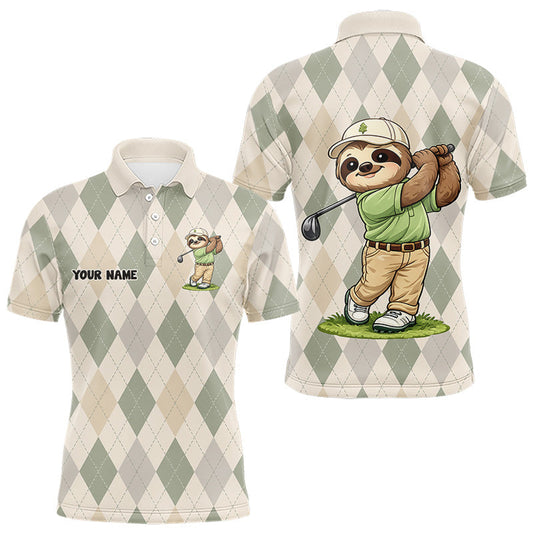 Maxcorners Personalized Sloth Golfer Polo Shirt Funny Golf Argyle Pattern Custom Name Golf Lover Gift LM1406