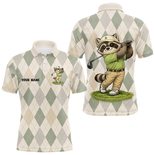 Maxcorners Personalized Raccoon Golfer Polo Shirt Funny Golf Argyle Pattern Custom Name Golf Lover Gift LM1406