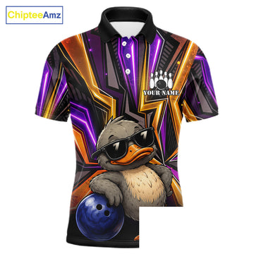 Maxcorners Funny Duck Men Bowling Shirt Custom Personalized Bowling Team Jersey, Polo & Quarter Zip Styles