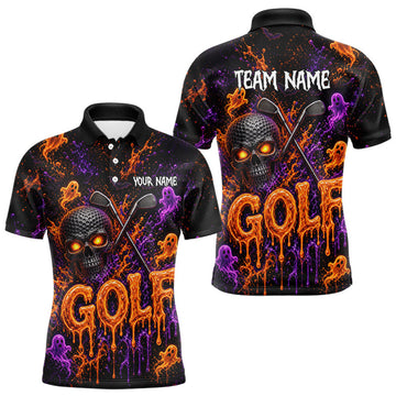Maxcorners Personalized Halloween Men Golf Shirt, Custom Name Spooky Golf Skull Shirt Apparel Gifts For Golfer