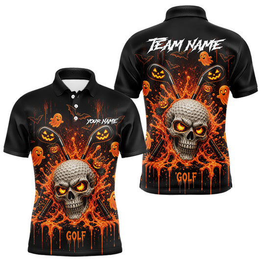 Maxcorners Personalized Spooky Halloween Men Golf Polo Shirt, Orange Pumpkin Skull Dripping Slime Apparel