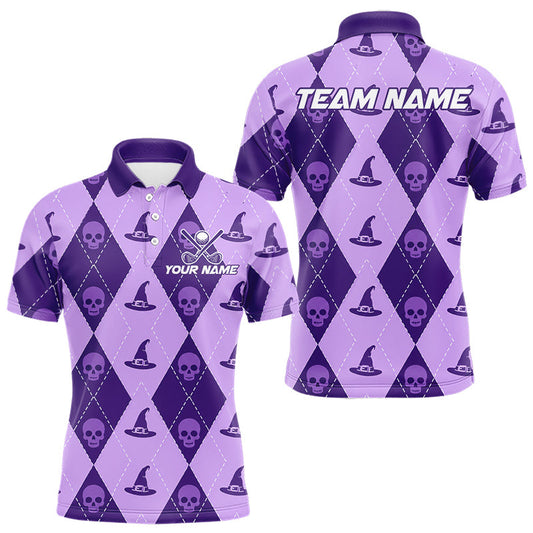 Maxcorners Personalized Custom Name Halloween Purple Witch Hat Argyle Skull Golf Polo Shirt for Men