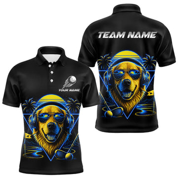 Maxcorners Personalized Golden Retriever Golf Shirt, Neon Blue Cyberpunk Dog Golf Polo Shirt For Men LM0106
