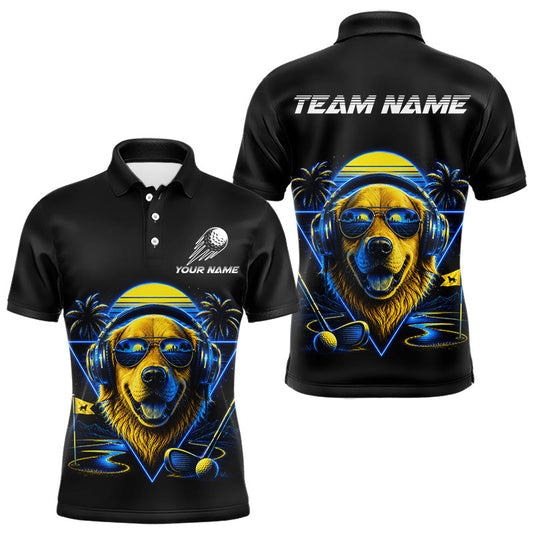 Maxcorners Personalized Golden Retriever Golf Shirt, Neon Blue Cyberpunk Dog Golf Polo Shirt For Men LM0106