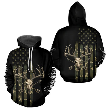 Maxcorners Deer Skull Hunting Shirt Long Sleeve With Black Camo American Flag, Whitetail Deer Hunting Shirt LM0609