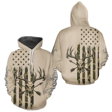 Maxcorners Deer Skull Hunting Shirt Long Sleeve With Beige Camo American Flag, Whitetail Deer Hunting Shirt LM0609