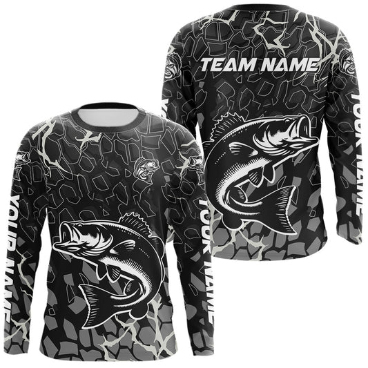 Maxcorners Custom Bass Fishing Black Camo Long Sleeve Fishing Shirts, Personalized Bass Fishing Jerseys LM0503