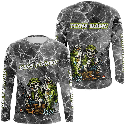 Maxcorners Custom Camo Gray Fish Reaper Skull Bass Long Sleeve Fishing Shirt, Bass Hunter Fishing Jerseys LM0404