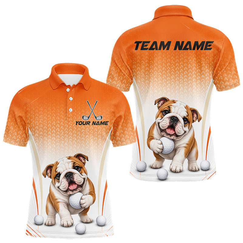 Maxcorners Custom Bulldog Golf Lover Orange Men Polo Shirt, Personalized Golf Polo Shirt With Dog