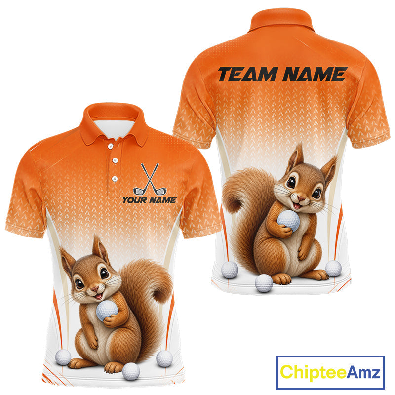 Maxcorners Custom Squirrel Golf Lover Orange Men Polo Shirt, Personalized Golf Polo Shirt With Dog