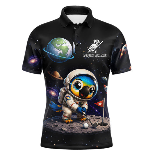 Maxcorners Personalized Astronaut Parrot Mens Golf Polo Shirt – Cute Space Bird Golf Shirt, Custom Team Name