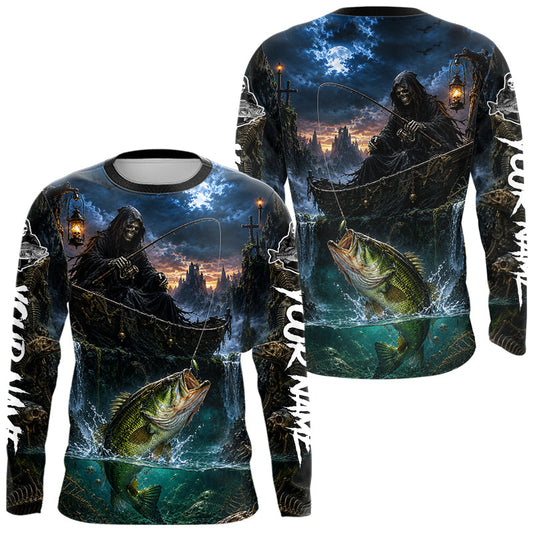Maxcorners Grim Reaper Fishing Jersey, Largemouth Bass Long Sleeve UV Performance Shirt For Men LM0607