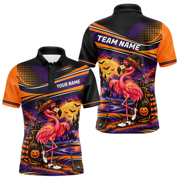 Maxcorners Halloween Flamingo Men Golf Polo Shirt Custom Witch Hat Full Moon Team Tournament Jersey