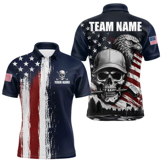 Maxcorners Personalized Skull Eagle Mens Golf Polo Shirt American Flag Patriotic Golf Shirt Custom Name