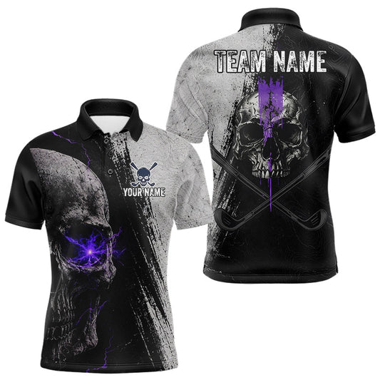 Maxcorners Personalized Skull Mens Golf Polo Shirt Purple Lightning Custom Team Name Golf Shirt