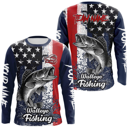 Maxcorners Walleye Custom US Flag Long Sleeve Fishing Shirt, Men's Fishing Shirt LM1501