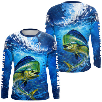 Maxcorners Mahi Mahi Fishing Jersey Ocean Blue 3D All Over Print Long Sleeve Performance Shirt LM1406