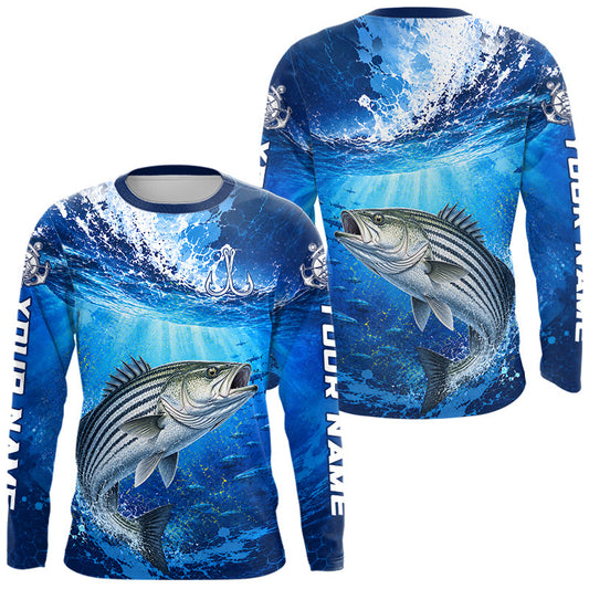 Maxcorners Striped Bass Fishing Jersey Ocean Blue 3D All Over Print Long Sleeve Performance Shirt LM1406